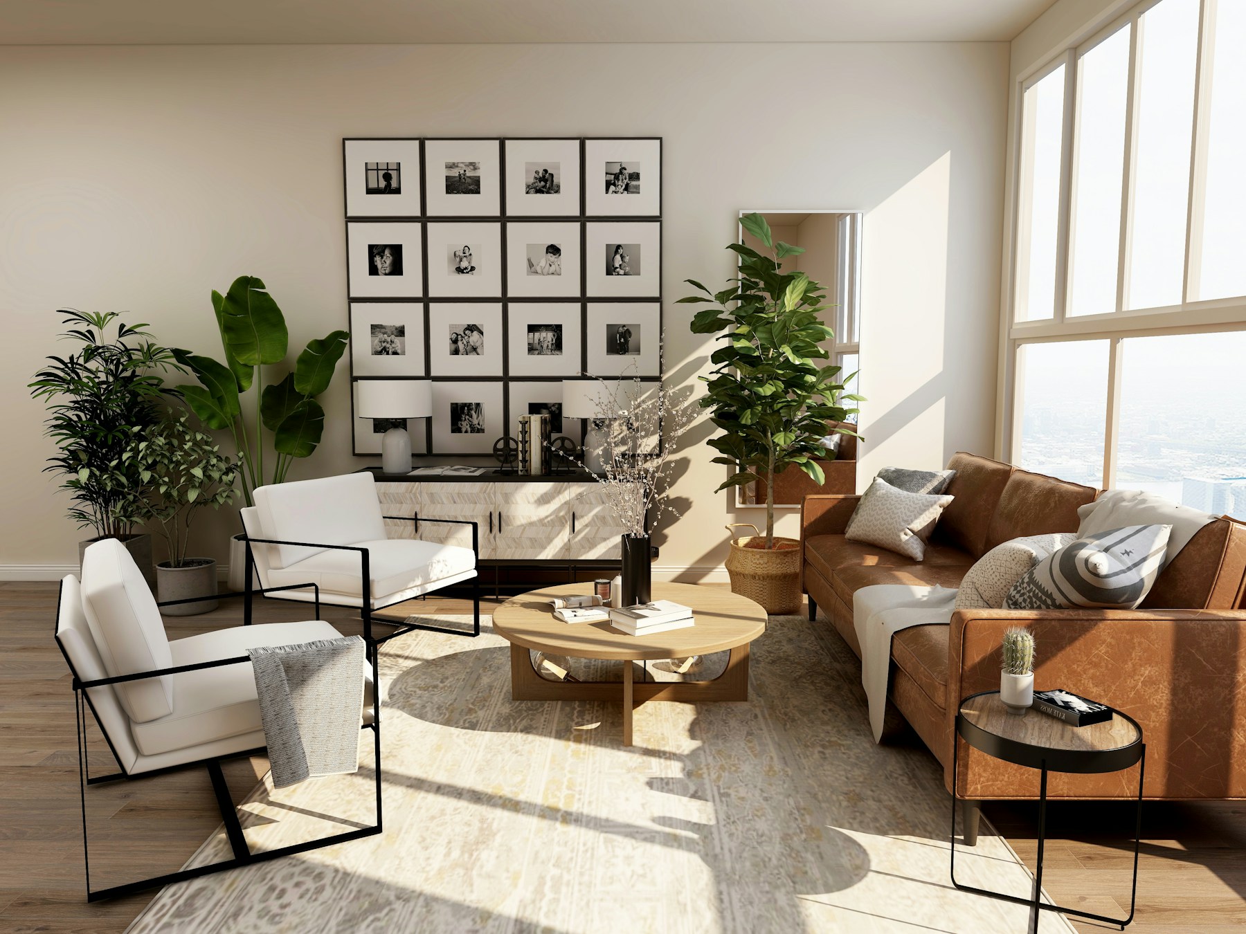 Warm contemporary living space illustrating a coordinated home design
